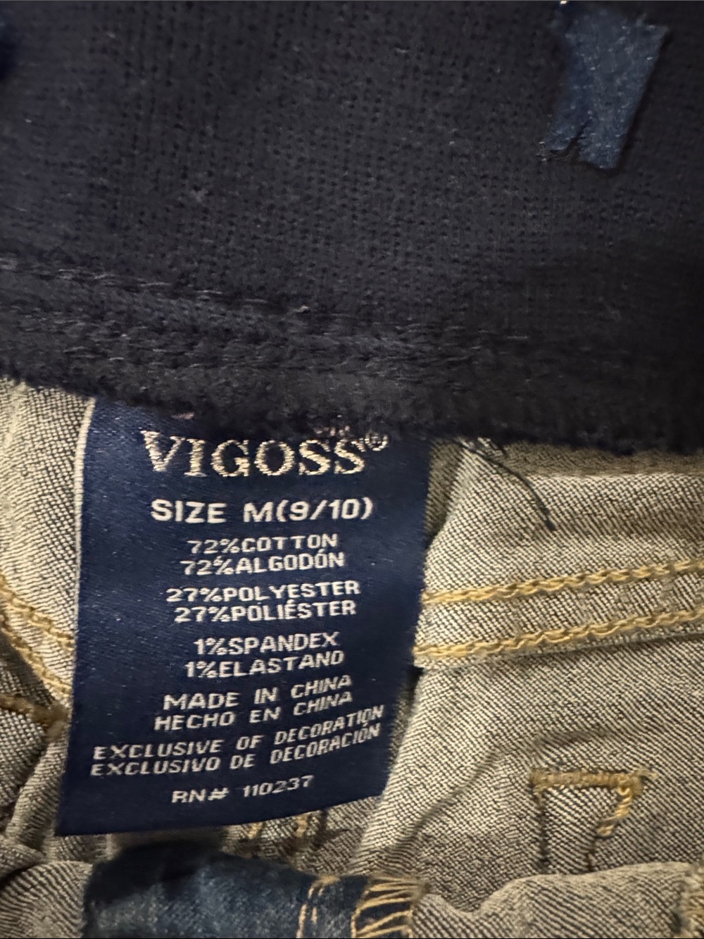 Vigoss Navy and Light Blue Jeans Fabric Tag size 9/10 medium